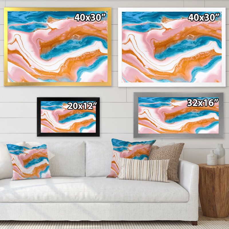 Orange orange bleu et rivières en marbre blanc - peinture sur toile, Cadre de coin blanc fermé, H 30 po x l 40 po