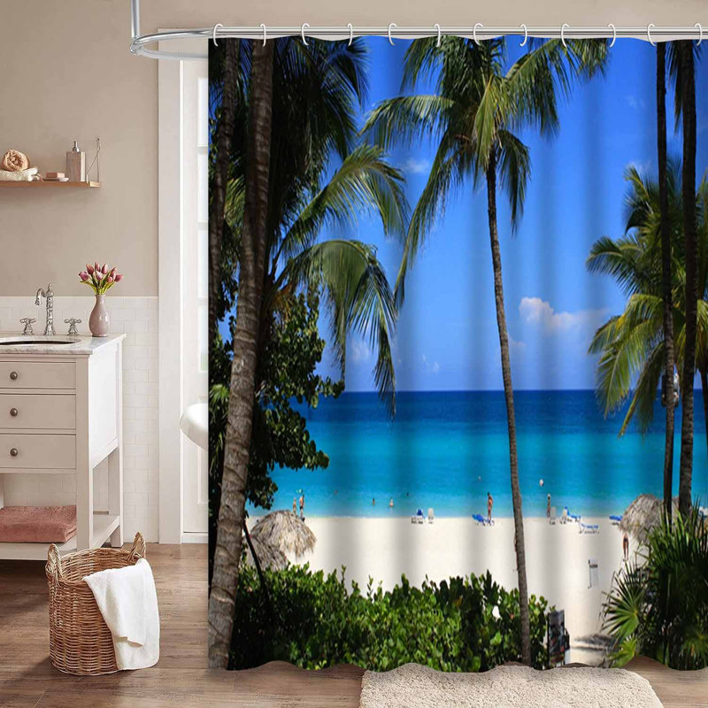 Rideau de douche imperméable avec 12 crochets Blue Boat and Beach Landscape, L 72 po x l 72 po