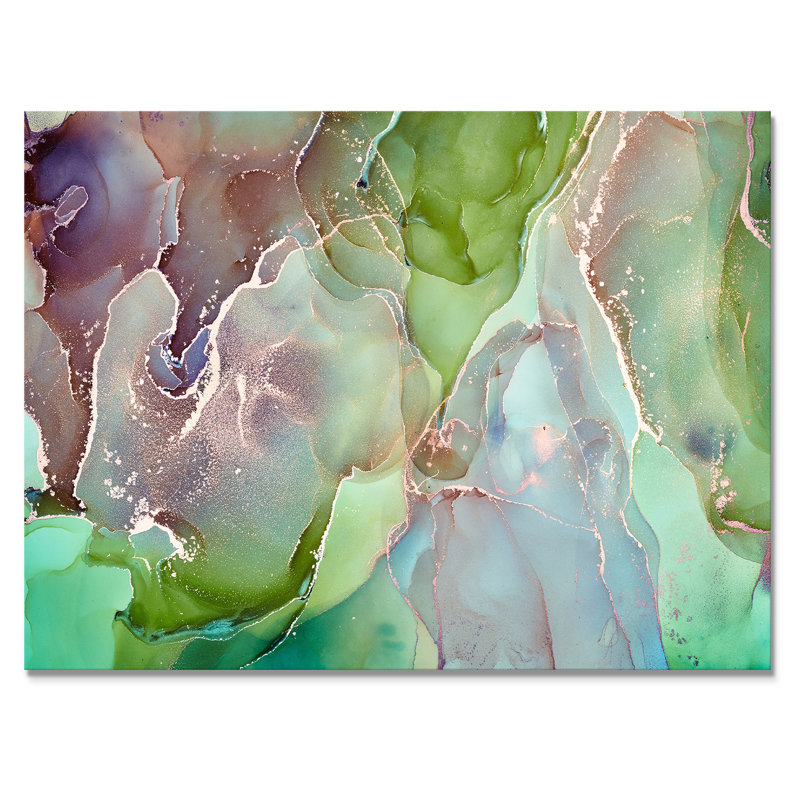 Art abstrait vert et rose à l'encre - Peinture sur toile, H 24 po x l 32 po, Toile tendue