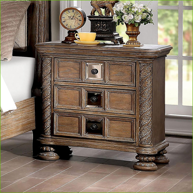 Transitional Rustic Solid Wood 3-Drawer Nightstand with Bronze Knobs