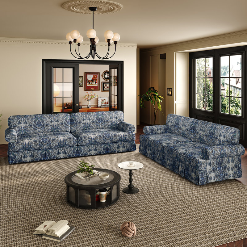 Canapé 74 pouces 3 places luxueusement confortable, Motif floral bleu, Tissu