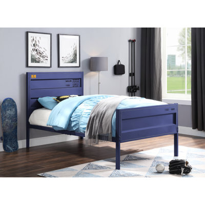Lit simple avec finition bleu marine, structure en métal, panneau rectangulaire avec panneaux encastrés, avec conception en contenant, 21 lattes, aucun sommier nécessaire, pieds à profil bas, pieds, plaque de fer de 25 x 50 mm