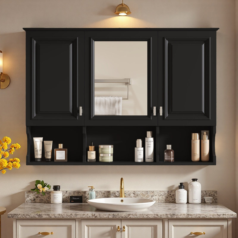Armoire à miroir 3 portes l 41 po x H 29 po avec tablettes réglables et tablettes ouvertes, Noir