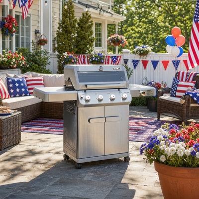 Monument Grills M405K Retro-Modern 4+1 Burner Freestanding Gas Grill with Smoker Box, Clearview® Window Lid, Side Burner, LED Control Knobs & Cabinet, 630 Sq. In. Cooking Area🍔