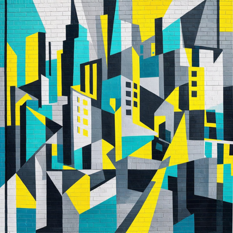Abstract Cityscape Mural Comforter, King, Charcoal Gray Yellow Bright