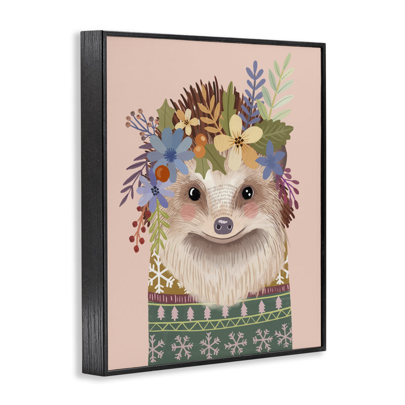 Hérisson populaire avec fleurs, estampe numérique, design par Mia Charro, H 14 po x l 11 po, Giclée encadrée noir minuit