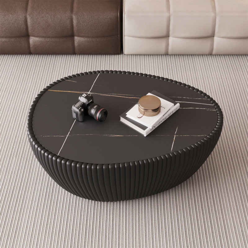 Table basse moderne en cuir avec plateau en marbre et œufs d'oie, Noir