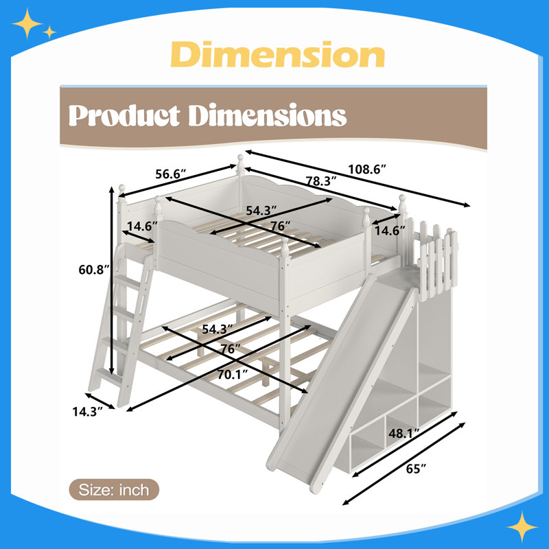 Lit superposé double au-dessus de double avec tablettes de rangement, lit superposé en bois massif avec glissière et échelles, conception à profil bas
