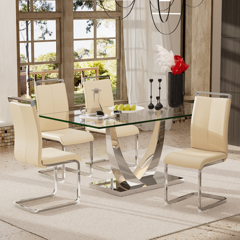Ensemble de table de salle à manger en verre avec chaises rembourrées en polyuréthane 4/6, base en forme de corne pour la cuisine moderne