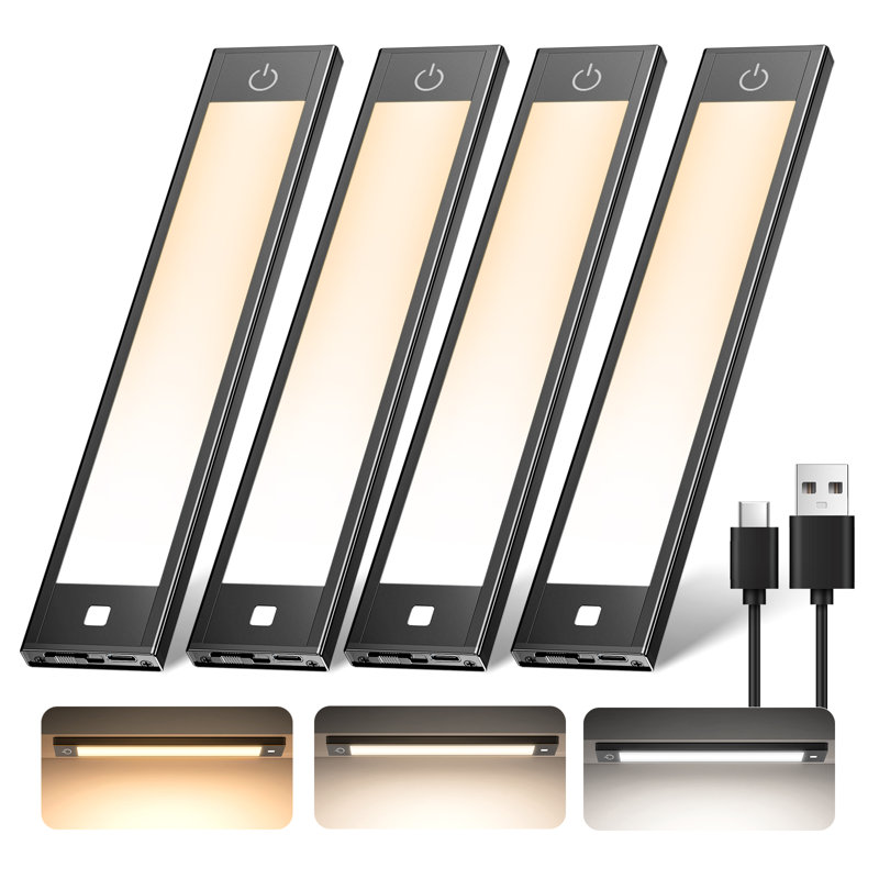Paquet de 4 lumières de capteur de mouvement rechargeables sous l'armoire avec 3 températures de couleur, noir mat
