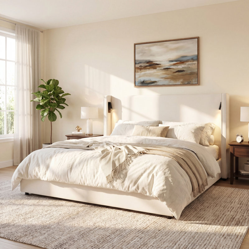 Lit plateforme California King Size avec dossier à oreilles rembourré et lampes de lecture intégrées, beige