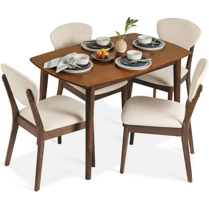 Compact Mid-Century Modern Walnut Dining Set with Cream Padded Chairs