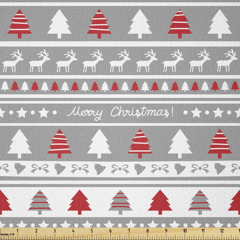 Arnoldo Deers Trees and Merry Christmas Lettering Bows Bells Multi-Purpose Fabric