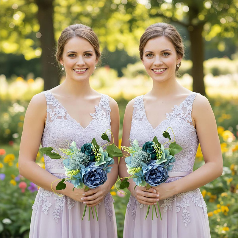 2 bouquets de fleurs artificielles de pivoines et d'hortensias, Bleu