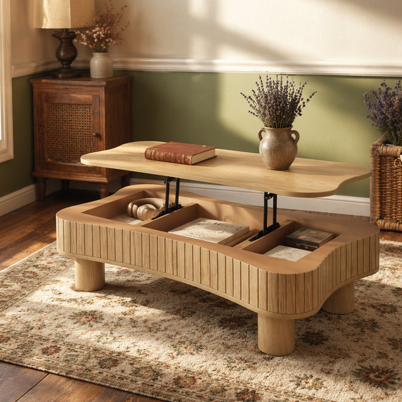 Table basse polyvalente à plateau relevable pour le salon avec rangement caché, mécanisme de levage silencieux, coins de sécurité et assemblage rapide