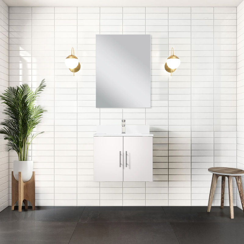 Meuble-lavabo blanc lustré, 24 po X P 22 po, comptoir en marbre de culture, robinet et miroir, Blanc lustré