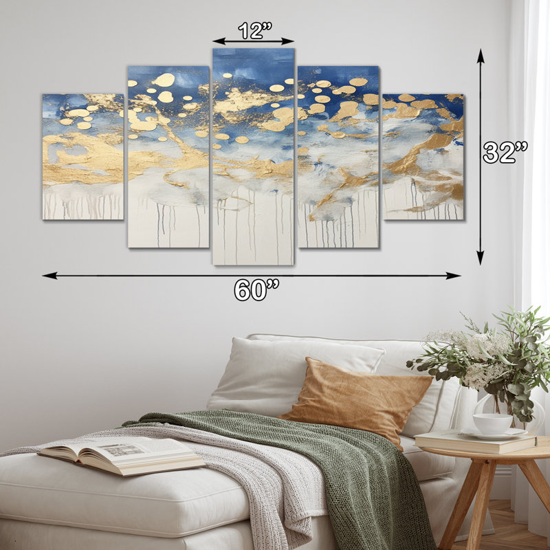 Tapisserie azur abstraite dorée et bleue IV - reproduction d'art abstrait - 5 panneaux