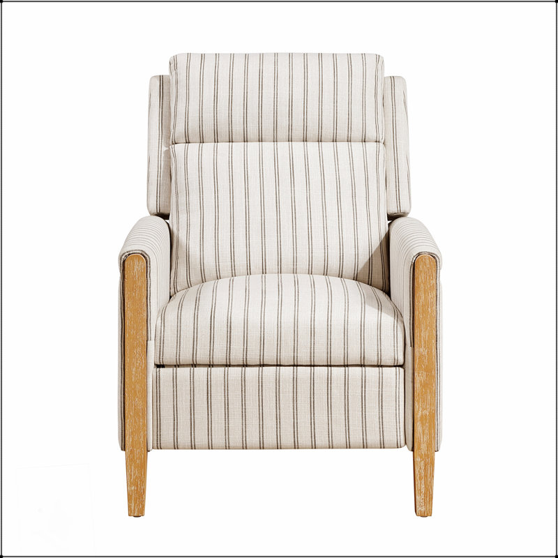 Chaise inclinable classique de style campagnard avec cadre en bois massif et revêtement en tissu rayé blanc-gris pour une assise confortable