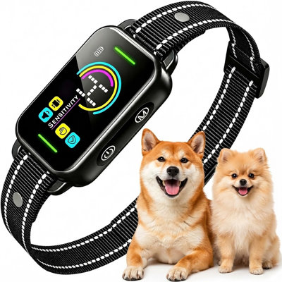 Collier anti-aboiement intelligent noir intégral pour chiens de toutes tailles. Utilise une intelligence artificielle pour arrêter les aboiements en 1 seconde, des options de signal sonore et vibratoire, 8 niveaux de sensibilité et une conception étanche IP67. Prix ​​exclusif.