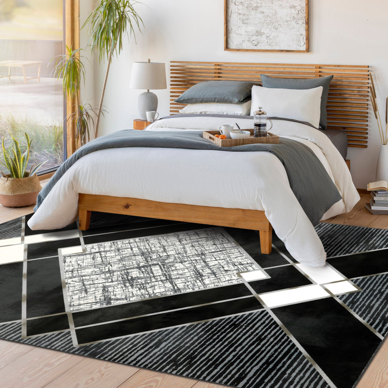Home Decor Luxury Non-Slip Rubber Backing Safety Soft Runner Area Carpet Floor Area Rug Indoor Interior Accent Decorative Mat, Modern Black Grey Diamond Geometric Design, 5 x 7 Feet