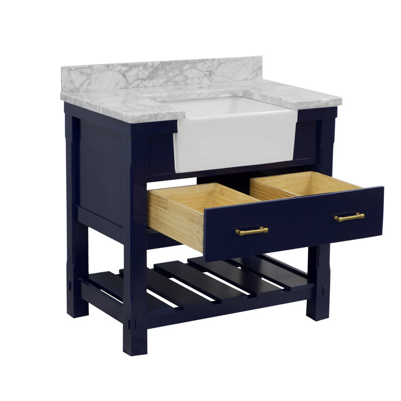 Ensemble de meuble-lavabo simple 36 po Hitton, Marbre de Carrare, Bleu royal