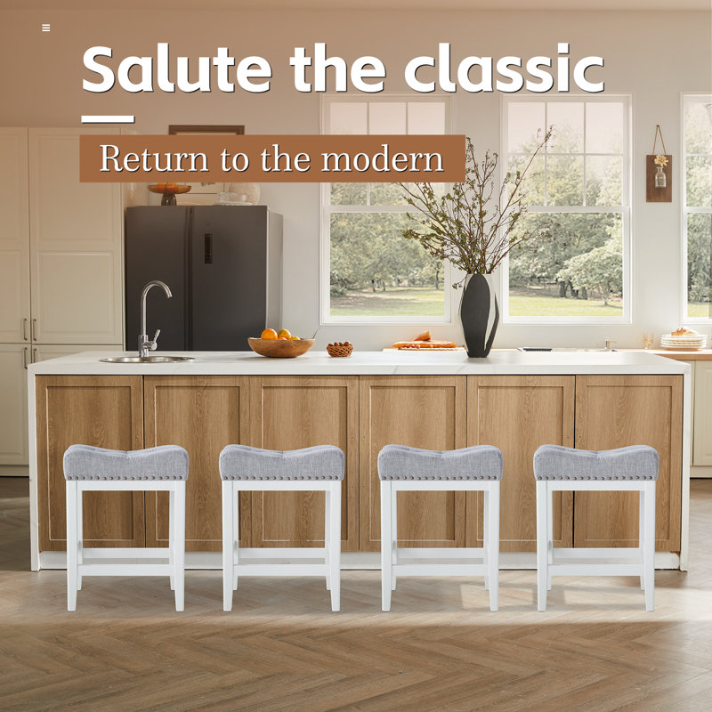 24 Inch Barstools Wood Kitchen Counter Height Bar Island Stools With Saddle Seats Backless Set Of 4, Gray/White