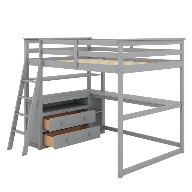 Lit mezzanine double avec bureau et tablettes, Gris