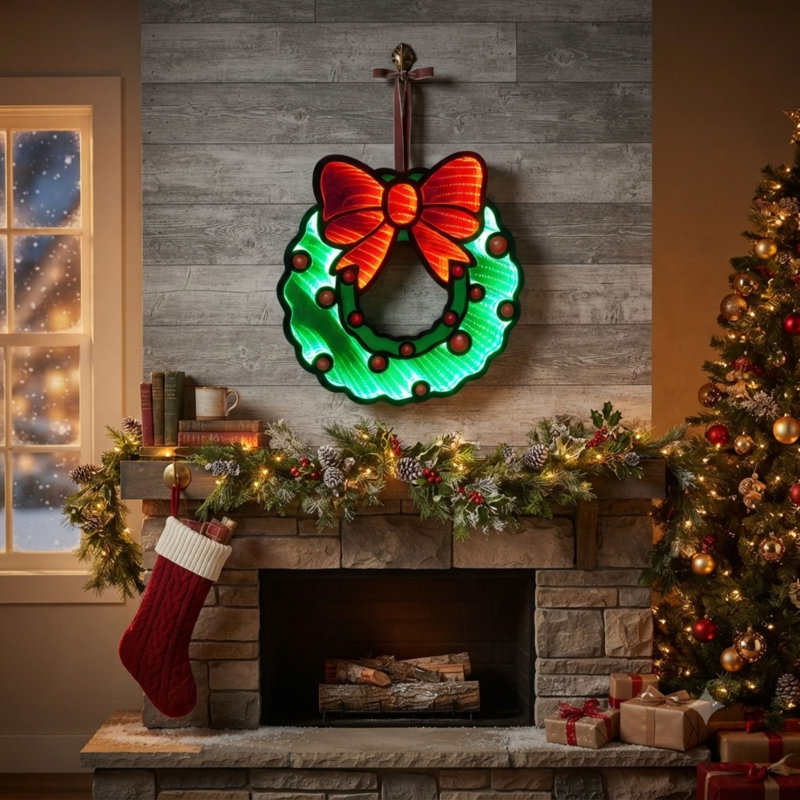 UL Electric Hanging Christmas Wreath Infinity Mirror 18.3"D