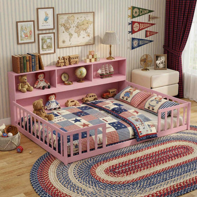 Full Size Kids Montessori Low Floor Bed, Built-In Side Bookcase Storage & Rounded Safety Edges, Non-Toxic Scratch-Resistant Finish