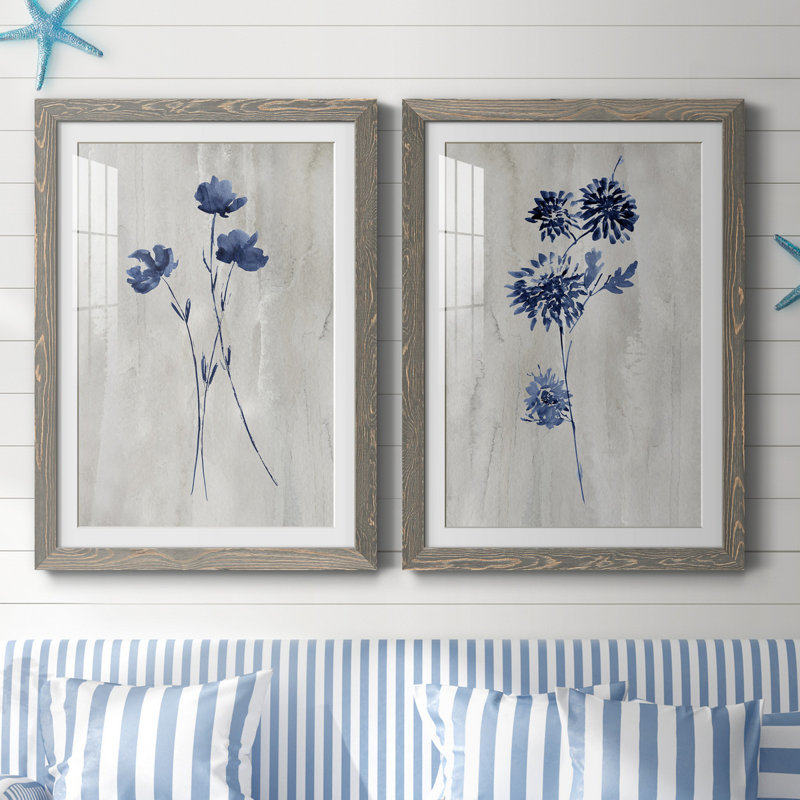 Indigo Botanical III - ensemble de 2 reproductions d'impressions, H 44 po x l 31 po x P 1 po, Cadre en papier gris, Blanc