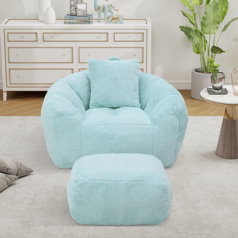 Compression Oversized Bean Bag For Adults And Kids, Faux Fur Large Chair With Filler, Light Blue Faux Fur