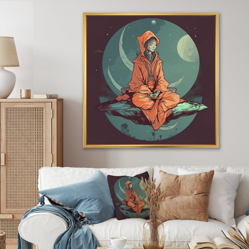 «Retro Yogini Meditation Harmony In Faded Blue I», impressions d'art mural de yoga, Cadre flottant doré, 36" H x 36" W