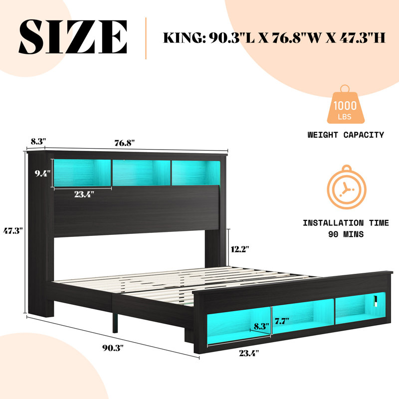 Sherell Bed Frame with Bookcase Storage Headboard and Footboard, LED Lights, Charging Station, Black, King