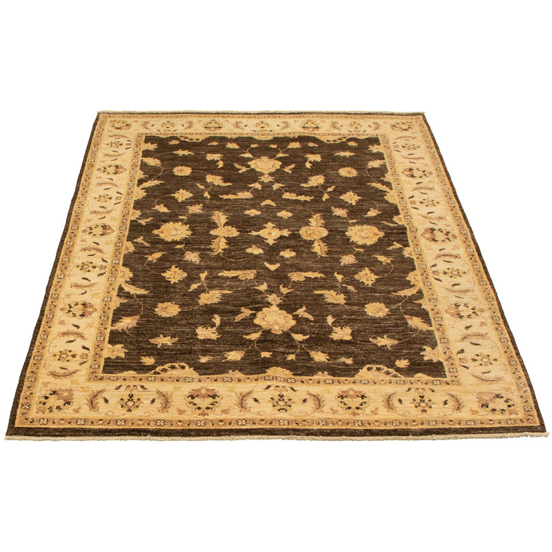 Tapis de zone en laine brun/ivoire 5 pi 7 po x 7 pi 10 po one-of-kind à la main-noué la 2010 ushak Kempsford