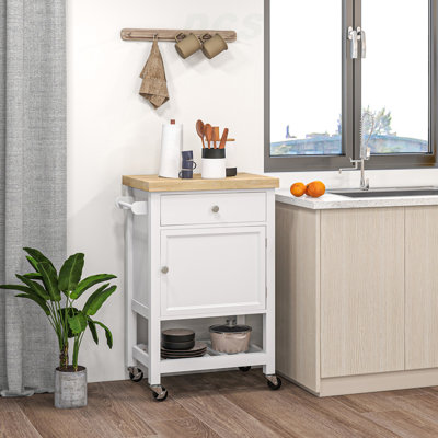 Chariot de cuisine utilitaire, îlot de cuisine roulant avec plateau en bois d'hévéa lisse, surface de bloc de boucher étroite sur roulettes avec tiroir de rangement et armoire, blanc, îlot de cuisine