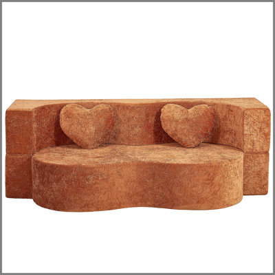 Heart-Shaped Cheese Bed Convertible Sofa, 78.7 Inch No Assembly Sponge Sofa Bed in a Box with Pillows for Living Room, Apartment and Guest Room-Caramel Brown