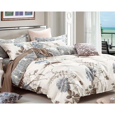 Ensemble de literie 100% coton à motif floral réversible Daisy Silhouette: housse de couette et deux taies décoratives (très grand) (édredon non inclus)