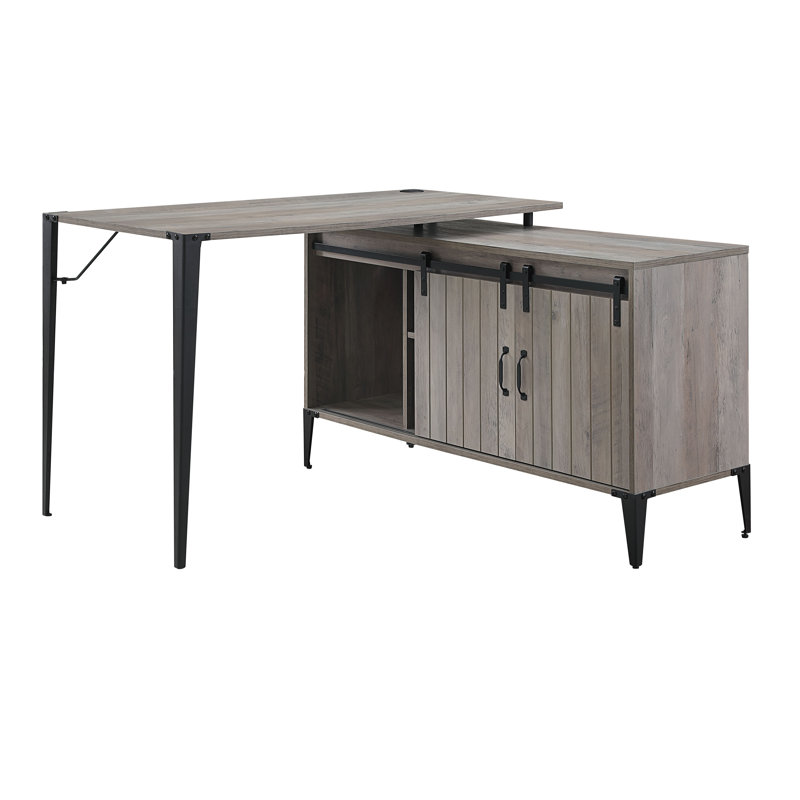 Rustic Oak & Black L-Shaped Writing Desk with USB and Filing Cabinet