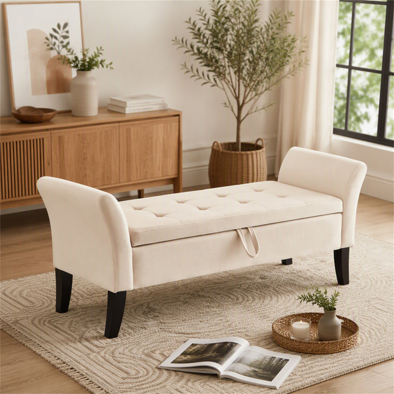 Banc de lit 51,5 po avec rangement en velours beige, H 22 po x L 51,5 po x P 18,3 po, Beige / look rétro, Beige
