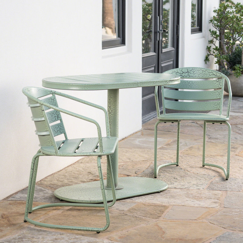 Bistro élégant pour jardin, terrasse et cour arrière - Structure en fer, bleu sarcelle mat, 2 chaises et table ovale pour usage extérieur.