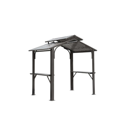 Abri de jardin à toit rigide 8 pi x 5 pi, abri de jardin extérieur avec double toit en acier galvanisé, abri de jardin permanent à abat-jour avec 2 tablettes latérales et crochet de plafond pour le patio