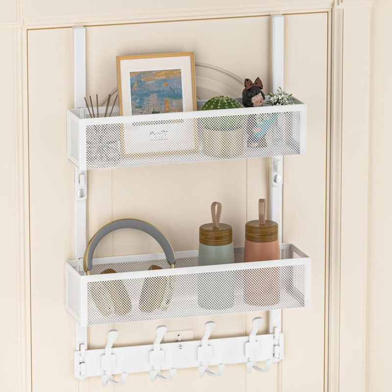 Organisateur au-dessus de la porte avec 2 paniers de rangement, crochets en métal réglables pour manteaux de serviettes et accessoires, installation sans perceuse pour la cuisine de la chambre à coucher