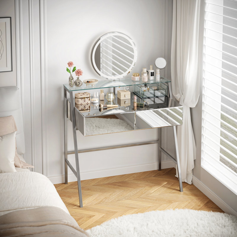 Makeup Vanity With Round Mirror, Mirror With Led Light, And Built-In Charging Station
