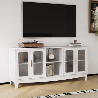65 Inch White TV Stand for TVs up to 70+ inch, Mid Century Modern Glass Door TV Console Table, Entertainment Center with Storage Cabinet, Wood Media Console for Bedroom, Living Room