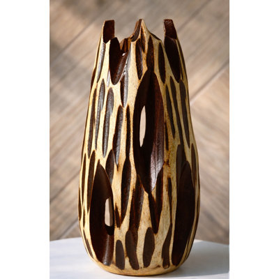  Hand-Carved Oval Etched Mango Wood Vase with Crowned Rim