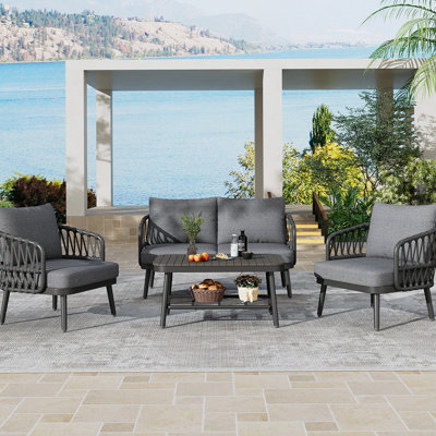 Ensemble de mobilier d'extérieur 4 pièces, chaises en métal avec dossier en forme de U en corde tissée, ensemble de conversation avec coussins épais et table basse pour le jardin, la piscine, le balcon, noir et gris