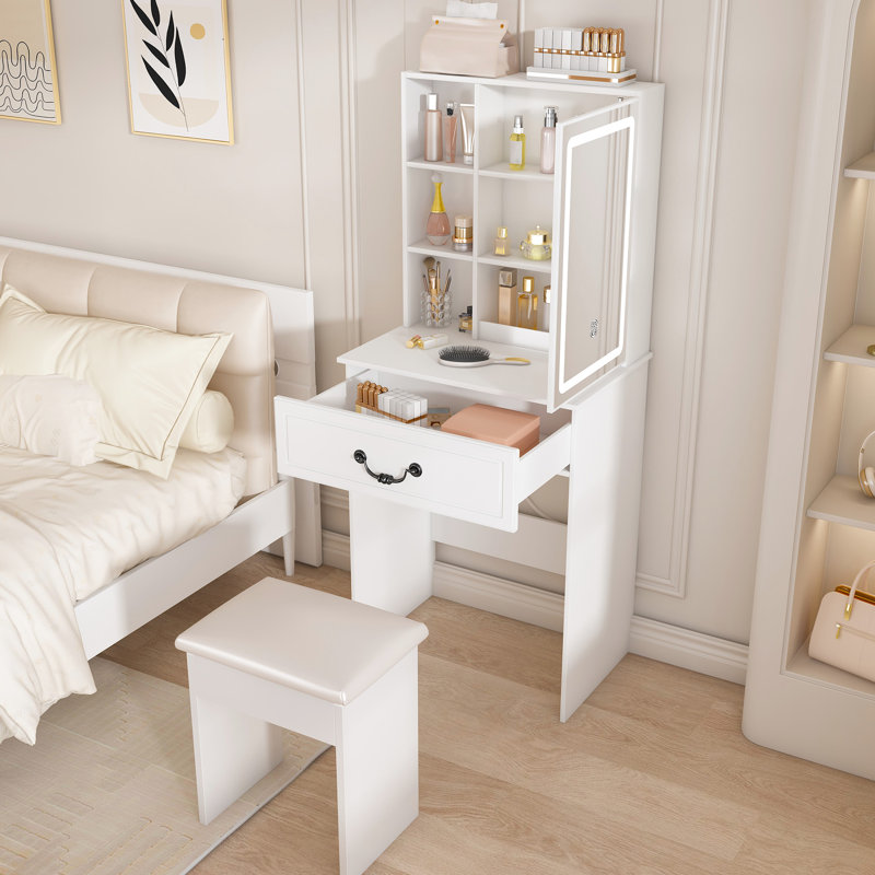Modern Mini Dressing Table With Adjustable Brightness Led - Lit Mirror, Smart Storage, Multi Tier Proof Shelves And White Padded Stool For Bedroom Decor Mirror Hidden Compartments, Stool, Brightness,