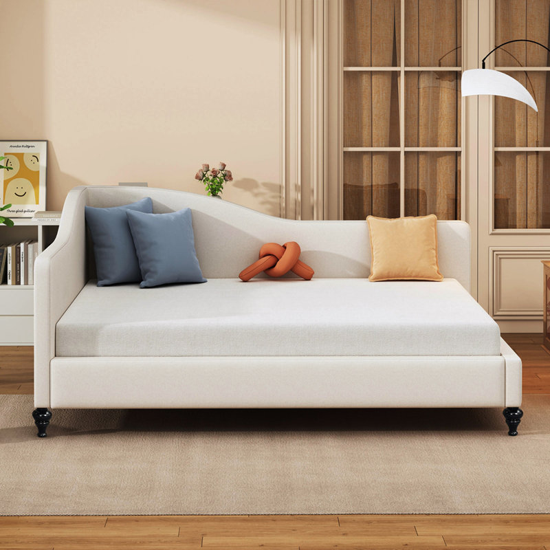 Full Size L-Shaped Linen Daybed With Solid Wood Legs, For Comfort And Space-Saving Design In Modern Homes., Full