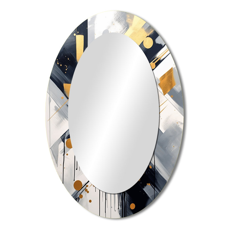 Noir et doré profondeur VI - Miroir décoratif ovale abstrait sur métal, 36 po x 24 po