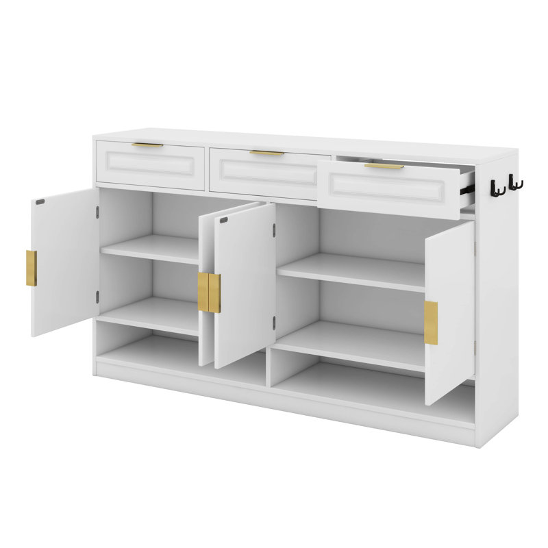 59.1" Farmhouse Sideboard Buffet With 3 Drawers & 4 Doors, Storage Cabinet With Adjustable Shelf & Open Compartments, White